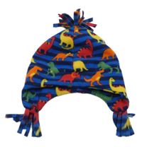 Modro-tmavomodrá pruhovaná fleecová čepice s dinosauury a třásněmi Jojo Maman Bébé