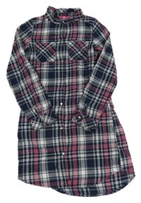 Tmavomodro-bílo-růžové kostkované flanelové propínací košilové šaty Yd.
