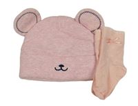 2set - Růžová melírovaná silná čepice s čumákem + puntíkaté ponožky