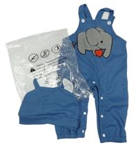 Nové - 2set - Modré žebrované laclové tepláky se slonem + čepice s oušky