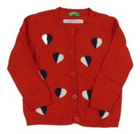 Červený vlněný propínací svetr se srdíčky Benetton