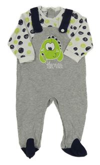 Šedo-bílý overal s dinosaurem a puntíky