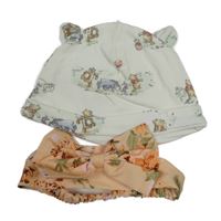 2set - Smetanová bavlněná čepice s Púem a přáteli + meruňková květovaná čelenka s mašlí