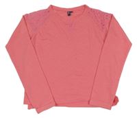 Lososová melírovaná lehká mikina s krajkou