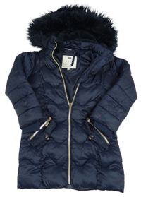 Tmavomodrá prošívaná zimní bunda s kapucí s kožešinou zn. F&F