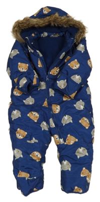 Tmavomodrá šusťáková zimní kombinéza s medvědy a kapucí Ergee