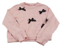 Světelrůžová vzorovaná crop mikina s černými mašličkami shein