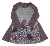 Fialovo-šedé úpletové šaty s květinami 