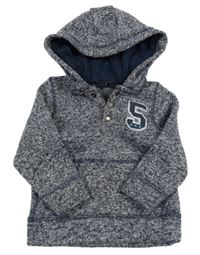 Tmavomodro-šedá pletená thermo mikina s číslem a kapucí 