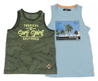2x tílko - modré s palmami + khaki vzorované s nápisem 
