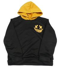 Hořčicovo-černá mikina se smajlíkem a kapucí 