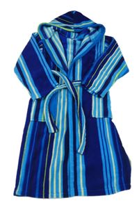 Tmavodro-modro-žlutý pruhovaný plyšový župan s kapucí 