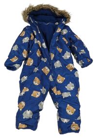 Tmavomodrá šusťáková zimní kombinéza se zvířátky a kapucí s kožešinou Ergee