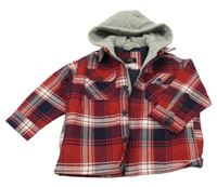 Červeno-tmavomodro-bílá kostkovaná košilová bunda s teplákovou kapucí Next