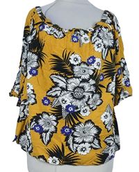 Dámská hořčicová květovaná halenka s lodičkovým výstřihem Papaya 