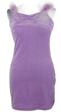 Dámské lila sametové minišaty s peříčkovými ramínky 