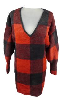 Dámské červeno-černé kostkované chlupaté svetrové šaty H&M