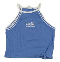 Modrý žebrovaný úpletový crop top s nápisem Zara