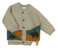 Nové - Béžovo-zeleno-okrový zateplený propínací svetr s medvědy Nutmeg