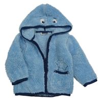 Světlemodrá chlupatá propínací mikina s výšivkou a kapucí Ergee