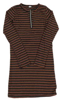 Hnědo-černo-stříbné pruhované šaty 