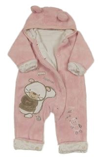 Světlerůžová chlupatá podšitá kombinéza  s medvídkem a kapucí 