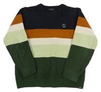 Tmavomodro-rezavo-bílo-zelený žinylkový svetr s nášivkou 