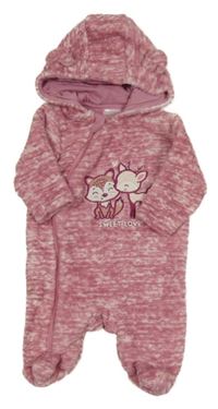 Starorůžová melírovaná plyšová kombinéza se zvířátky a kapucí