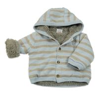 Světlemodro-béžový pruhovaný propínací zateplený svetr s kapucí Miniclub