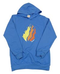 Modrá dlouhá mikina s potiskem a kapucí 