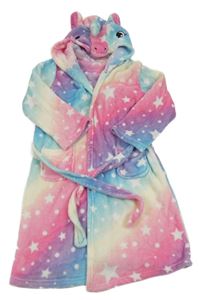 Duhový hvězdičkovaný plyšový župan s kapucí - jednorožec 