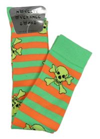 Nové - Neonově zeleno-oranžové pruhované nadkolenky s lebkami vel. 31-34