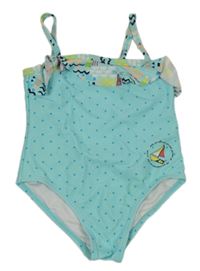 Tyrkysové jednodílné plavky s puntíky a volánky