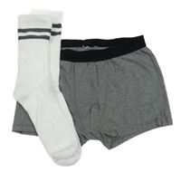 2x - Šedé boxerky + bílé ponožky s proužky 