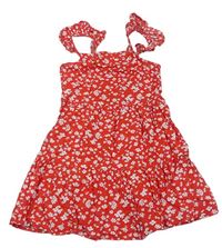 Červeno-bílo-modré kytičkované plátěné letní šaty s volánky