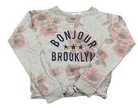 Světlešedá melírovaná crop mikina s květy a nápisy H&M