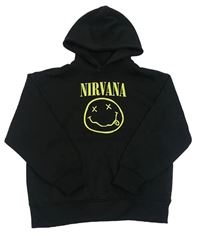 Černá mikina se smajlíkem a nápisem - Nirvana a kapsou a kapucí