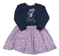 Tmavomodro-fialové teplákovo/bavlněné šaty s dívkou a kočičkami Kids