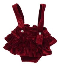 Rubínové sametové kraťasy s volánky a mašlí a kšandami SHEIN