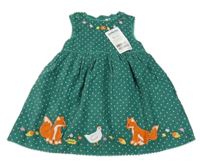 Nové - tmavozelené puntíkaté manšestrové šaty s liškami a slepičkou Jojo Maman Bébé