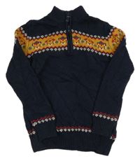 Tmavomodro-okrový vlněný svetr s tygry a vzorem FAT FACE