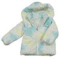 Bílo-citronovo-azurová vzorovaná šusťáková zimní bunda s kapucí 