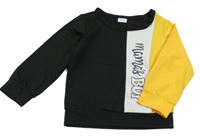 Černo-bílo-žlutoranžová slabá mikina s nápisem 