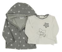 2Set - Šedá melírovaná propínací mikina s hvězdičkami a kapucí + bílo/šedé triko s nápisy mayoral