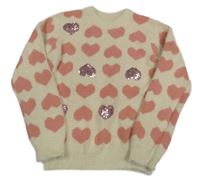 Smetanový svetr s růžovými srdíčky a flitry St. Bernard