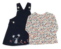 2Set - Tmavomodré riflové šaty s myškou + bílé květované triko 