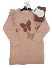Nové - 2Set - Starorůžové melírované vlněné šaty s motýlky a volánky + punčocháče PRIMARK