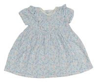 Světlemodro-růžovo-bílé kytičkované bavlněné šaty s volánky Matalan