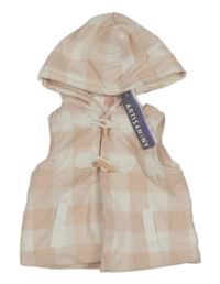 Nové - Světlerůžovo-bílá kostkovaná zateplená vesta s kapucí