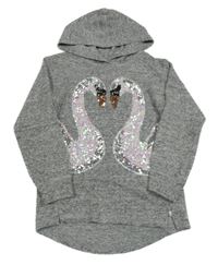 Šedá melírovaná úpletová mikina s labutěmi z flitrů a kapucí Bluezoo
